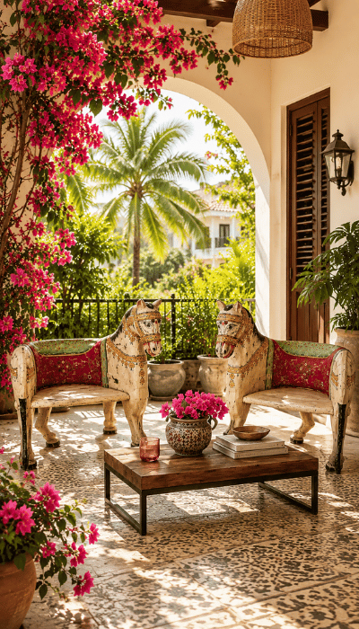 Outdoor courtyard with decorative horse benches