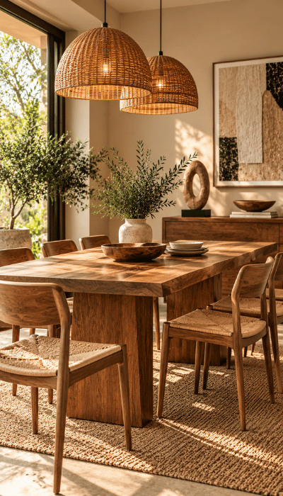 Sunlit boho dining room interior