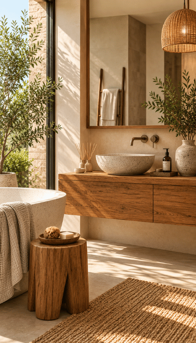 Sunlit earthy spa bathroom interior
